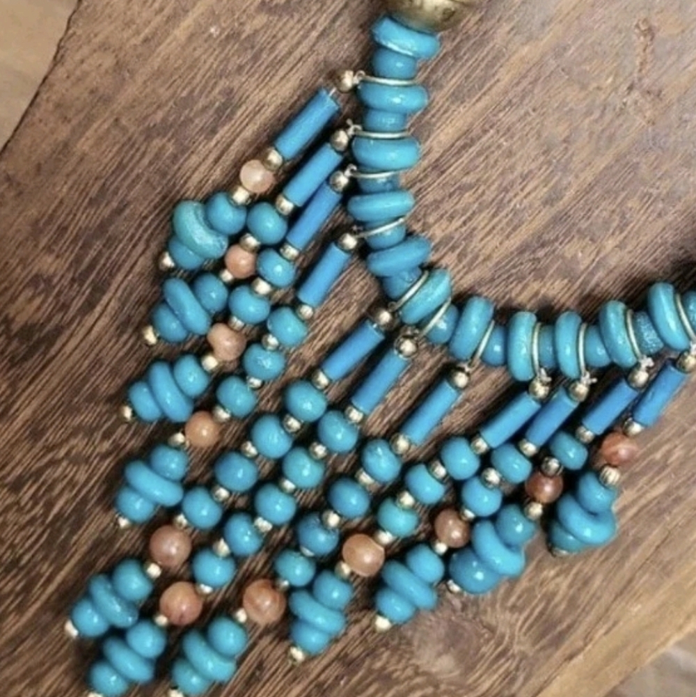 Vintage Turquoise Stone Beaded Cleopatra Statement Necklace & Earrings Set - Picture 1 of 12